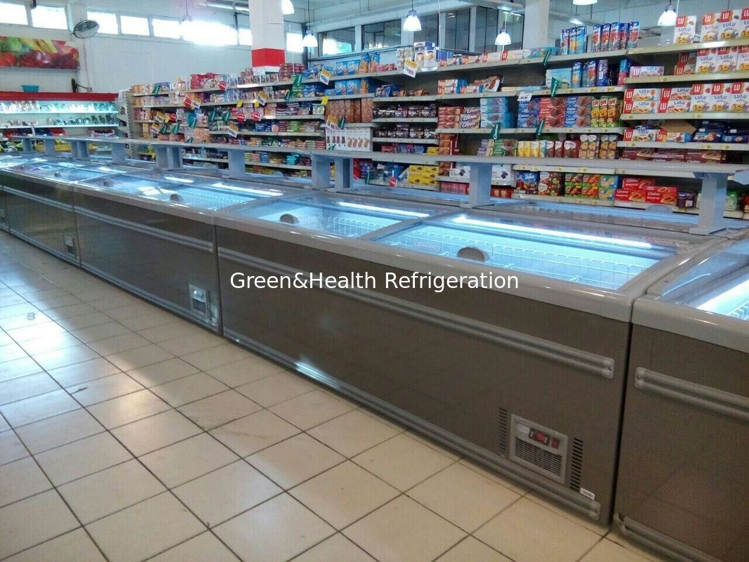 8 ft grote supermarkt eiland display schuifglas deur vriezer voor de opslag van kip
