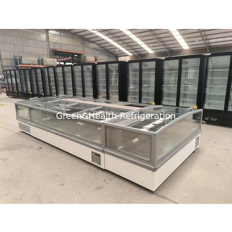 Grote vensterglaskast Supermarkt Eiland vriezer met intern geïmprimeerd aluminium