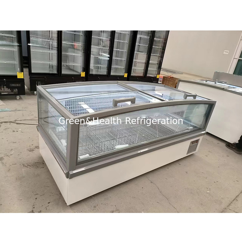 Grote vensterglaskast Supermarkt Eiland vriezer met intern geïmprimeerd aluminium