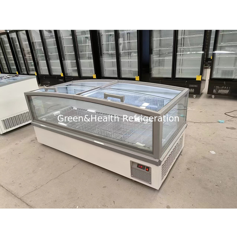 Grote vensterglaskast Supermarkt Eiland vriezer met intern geïmprimeerd aluminium