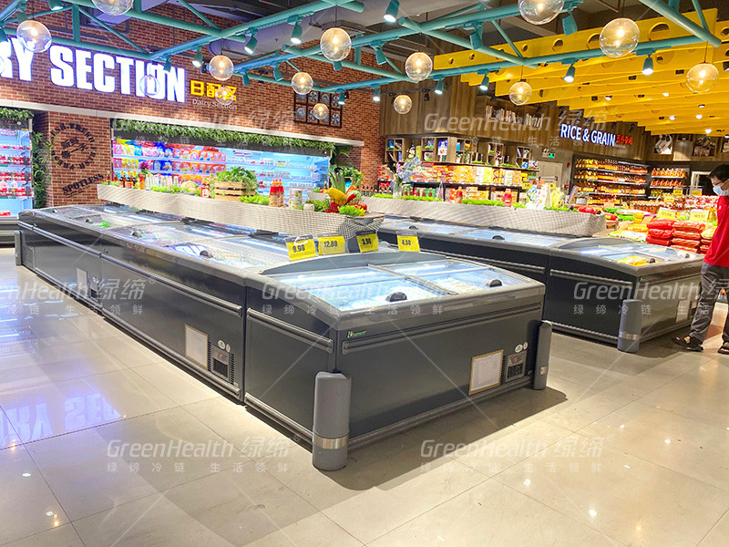 8 ft grote supermarkt eiland display schuifglas deur vriezer voor de opslag van kip