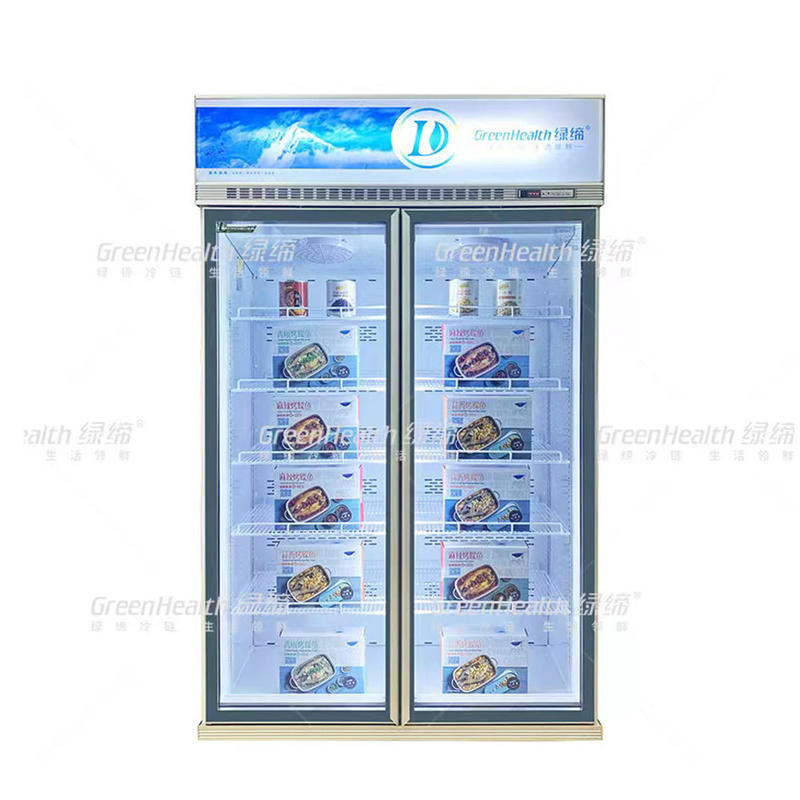 Variabele frequentie commerciële rechtop 2 deuren display vriezer met ventilator koeling en LED