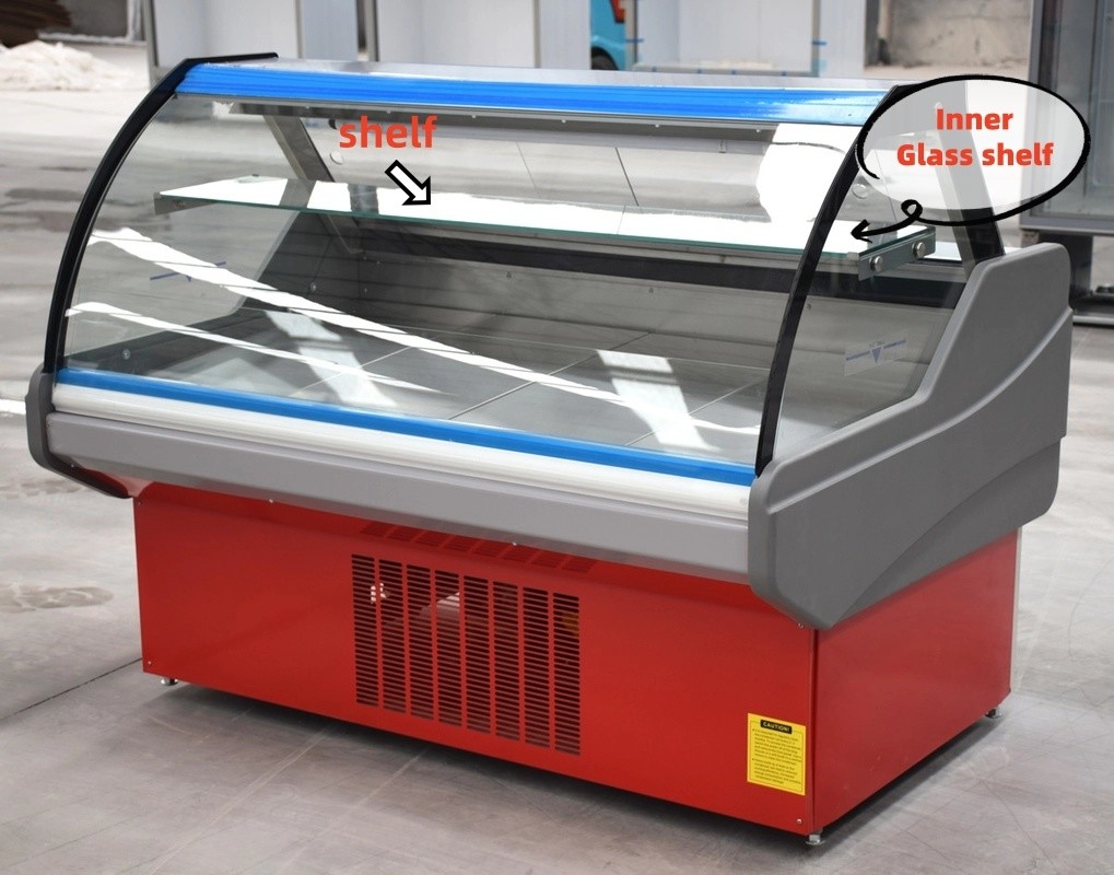 Deli display koelkast vers vlees vitrine kast vlees display vriezer met gebogen glas