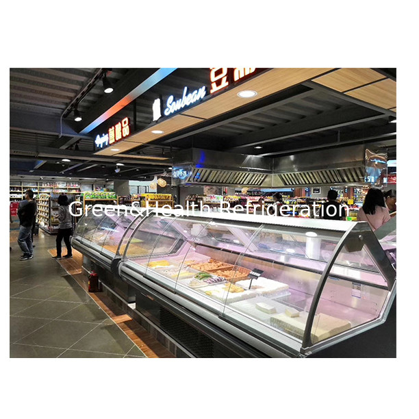 Grote commerciële roestvrij staal doorzichtig glas Gekookt voedsel opslag display Gekookt voedsel vriezer