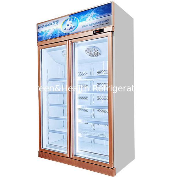 Twee glazen deuren op de bovenste eenheid display vriezer voor laagtemperatuur bevroren producten