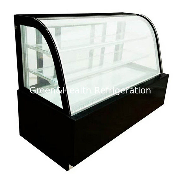 Gebogen glazen roestvrijstalen taartvitrinevriezer met meerdere schappen voor commercieel gebruik