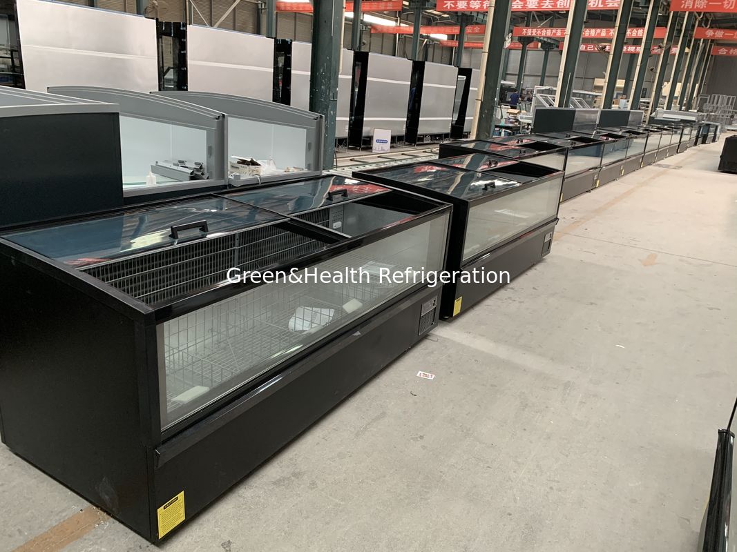 Supermarkt Eilandvriezer Panoramische Glazen Vriezer Automatische Ontdooiing Eilandvriezer Met LED Verlichting