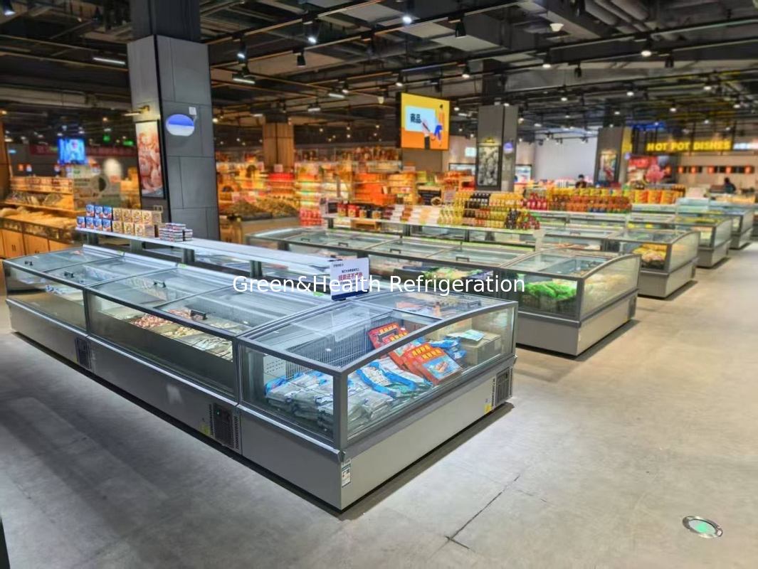 Supermarkt Eilandvriezer Panoramische Glazen Vriezer Automatische Ontdooiing Eilandvriezer Met LED Verlichting