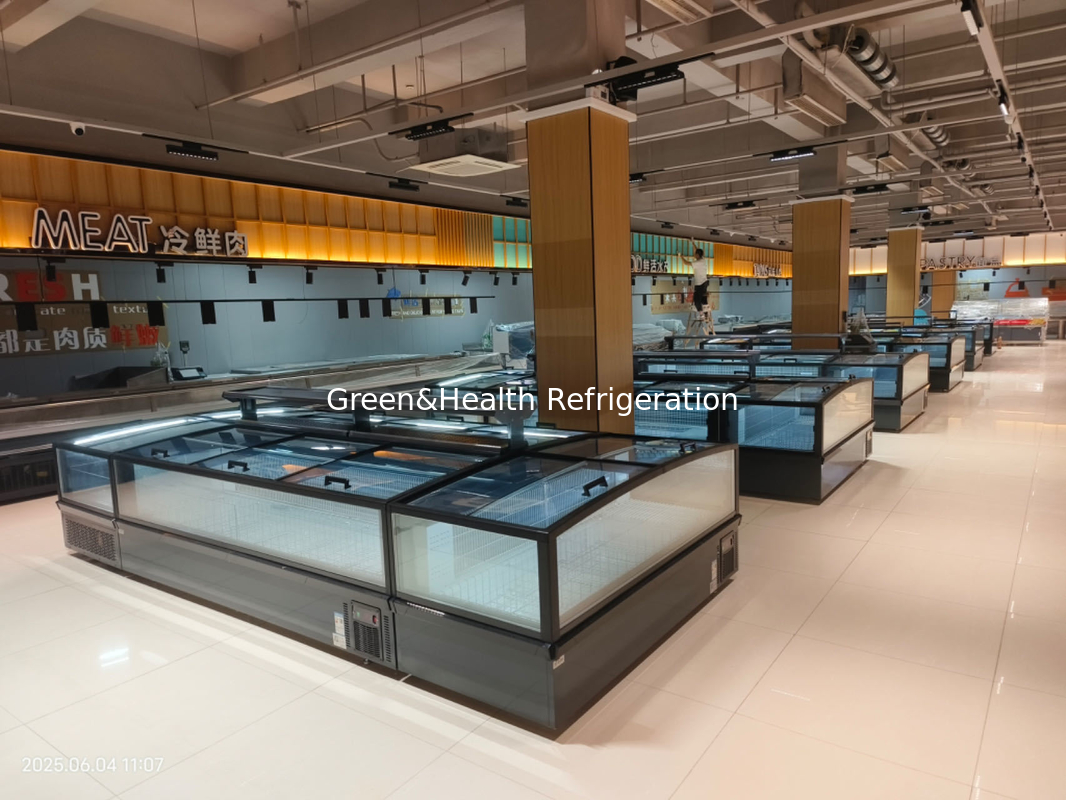 Glijdend Panorama Glasdeur Supermarkt Eiland Vrieskas Grote capaciteit Kast Vrieskas Voor Bevroren Voedsel Display
