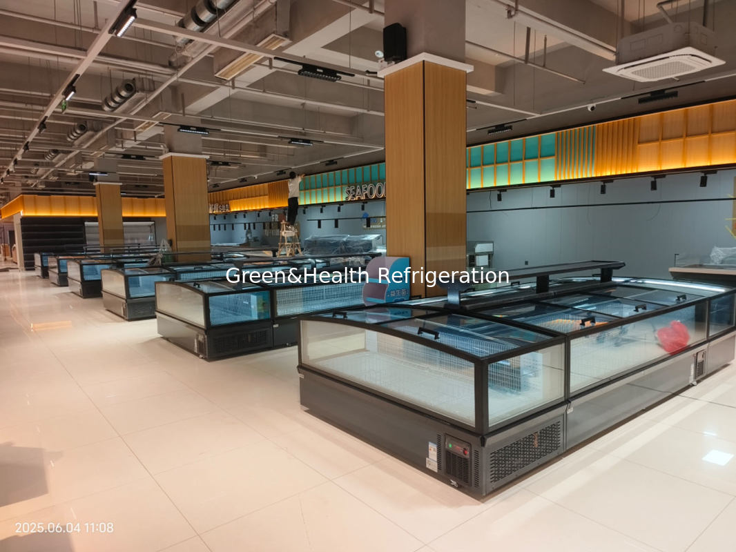 Supermarkt Eilandvriezer Panoramische Glazen Vriezer Automatische Ontdooiing Eilandvriezer Met LED Verlichting