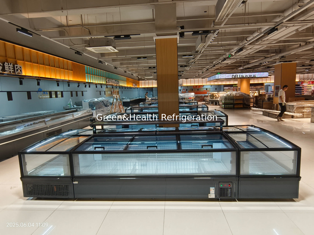 Glijdend Panorama Glasdeur Supermarkt Eiland Vrieskas Grote capaciteit Kast Vrieskas Voor Bevroren Voedsel Display