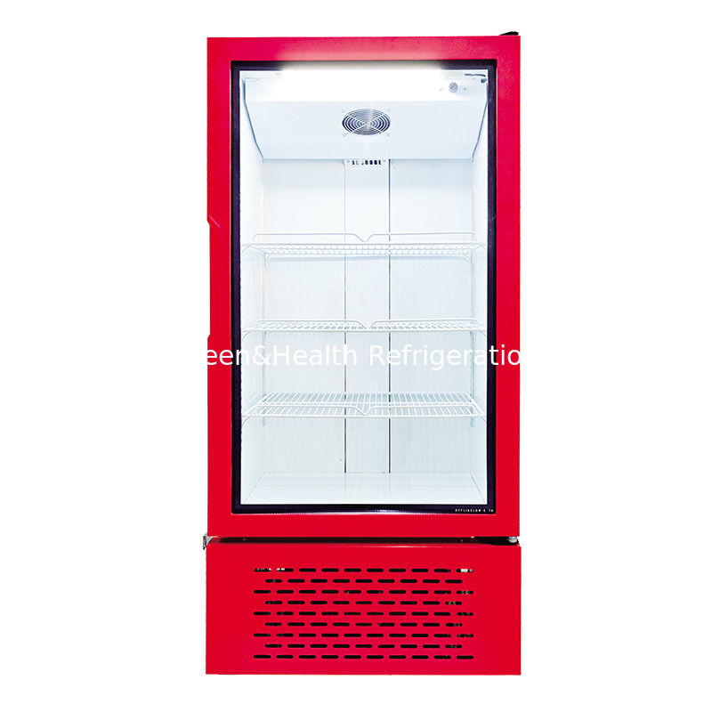 Commerciële enkele glazen deur verticale koelmachine met ventilatorgekoelde drankenkoelkast voor supermarkten en supermarkten