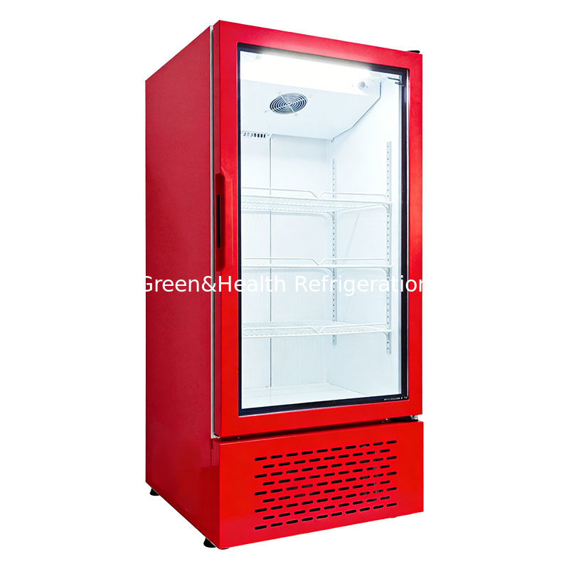Commerciële enkele glazen deur verticale koelmachine met ventilatorgekoelde drankenkoelkast voor supermarkten en supermarkten