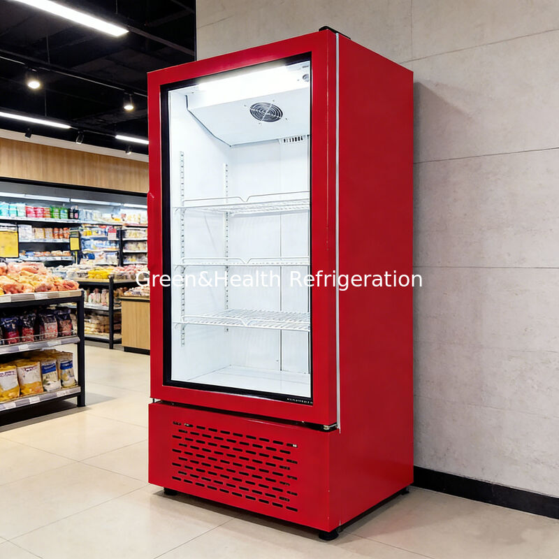 Commerciële enkele glazen deur verticale koelmachine met ventilatorgekoelde drankenkoelkast voor supermarkten en supermarkten