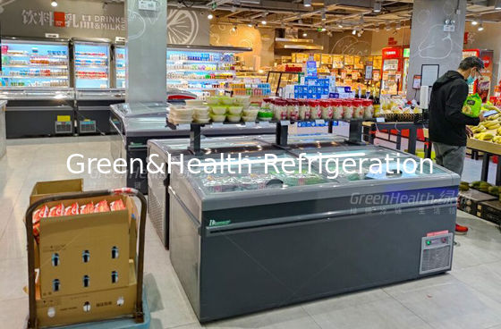 Van de de Diepvriezershowcase van het borst de Diepe Eiland Stop van de het Glasdeur Commerciële Bovenkant Gegleden binnen